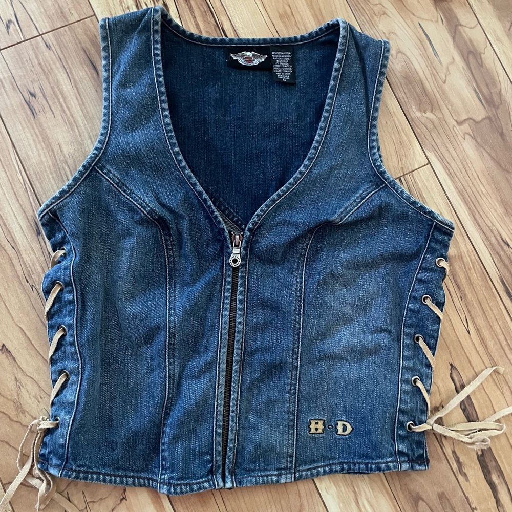 Harley-Davidson Blue Denim Vest lace up sides women’s M - Picture 2 of 7